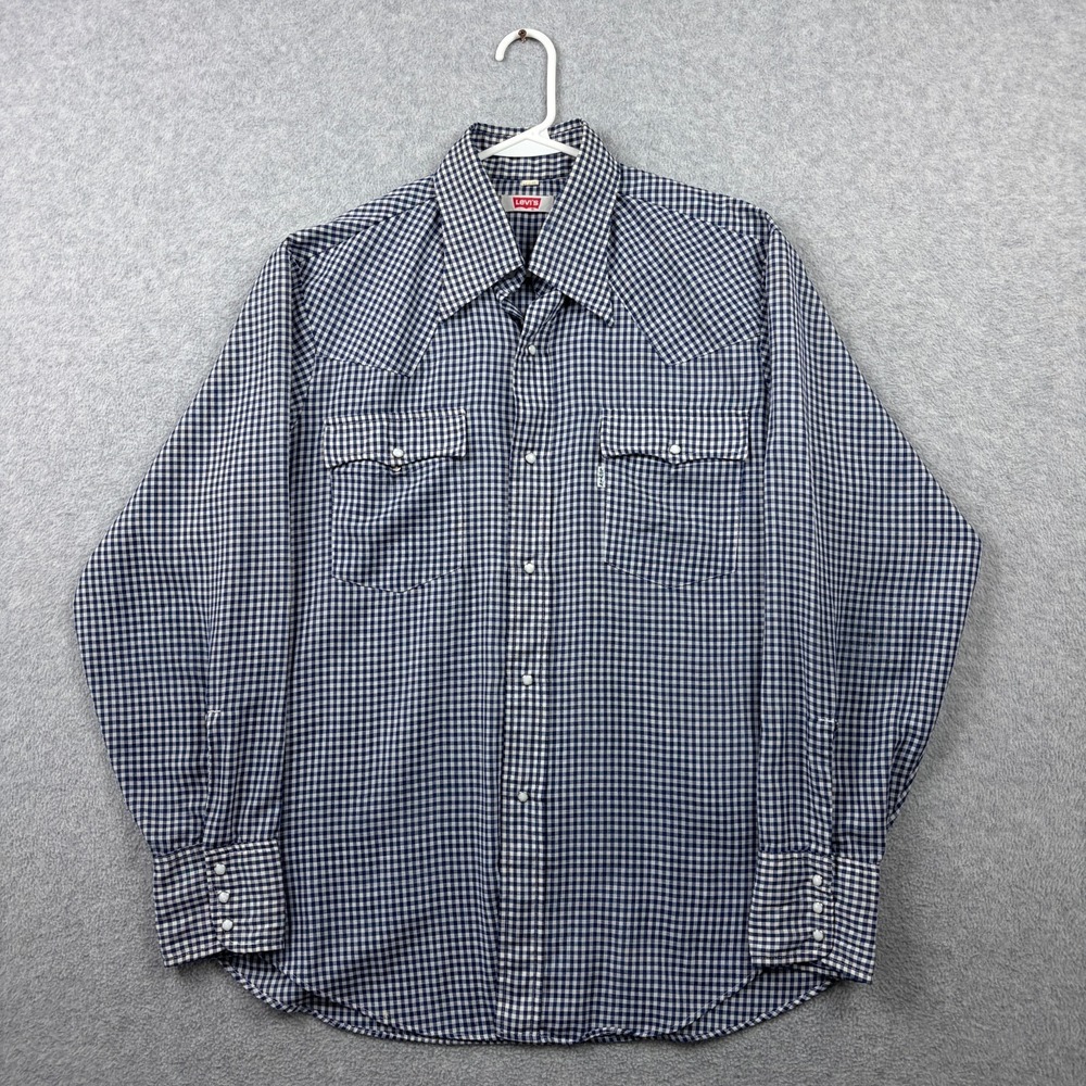 Vintage 70s Levis Shirt Mens Large Blue Gingham Pearl Snap Sawtooth Long Sleeve
